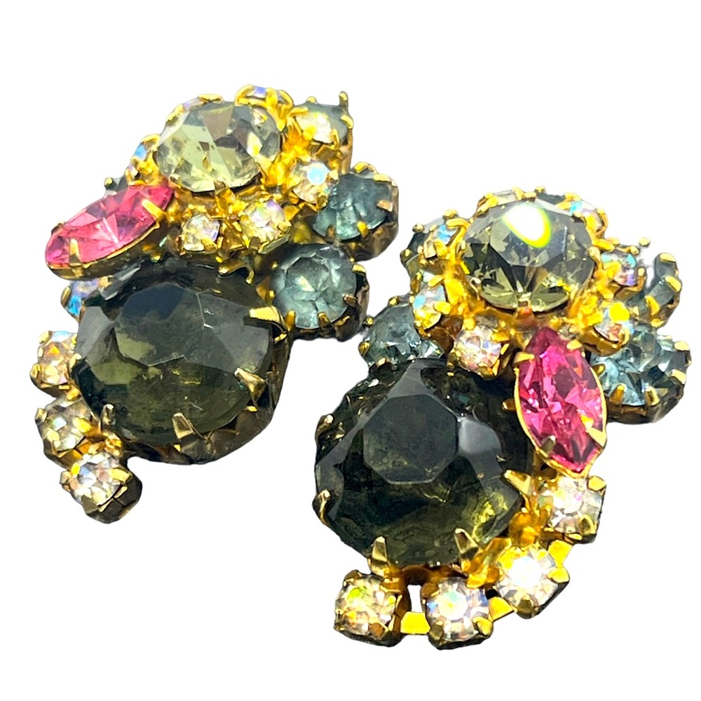 Juliana DeLizza and Elster vintage gold tone grey rhinestone clip on earrings